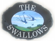 Swallows in landscape - painted by Jean from her own design on a large oval natural sign