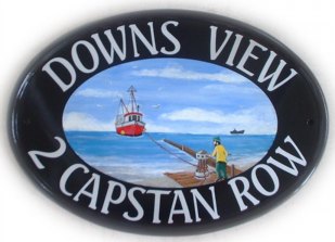 Capstan Sea View - the customer asked for a sea view of a fisherman towing in a boat with a capstan - a type of winch. Painted by Gerry  font is called Seabird