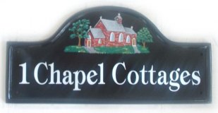 Chapel Sign - The customer asked for a simple red brick 'turn of the century' chapel. Painted by Gerry on a Large Mews House Plaque