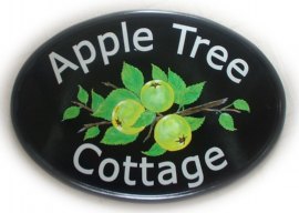 Granny Smith Apples - painted on a New World Classic oval base plaque. Font is called Verdana. Painted by Jean from her own design.