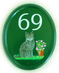 Grey cat - The customer asked for a shorthaired grey cat on a british racing green sign. Our artist jean painted this one on a large classic oval base in vertical format