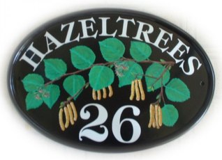 Hazel branch & Katkins - Painted on a New World classic oval houe sign by David - he used several pictures obtained fro Google picture search to make this pictorial showing Hazel in all its seasonal range.