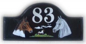 Horse Portraits - Painted on a Large Mews Plaque. Font is called Tiffany. Painted by Jean using  the horses photographs as a guide.