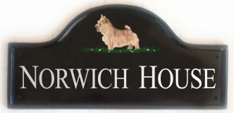 Norwich Terrier - Painted on a Large Mews plaque. Painted by Gerry,  artwork taken from a Kennel Club book showing dog breeds. Font is called Times Roman with All Capital Letters with the first letter for each word larger than the rest.