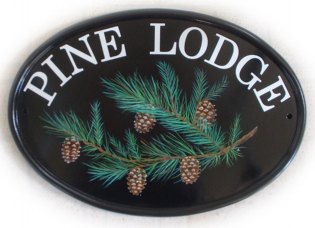 Pine branch with cones - Painted on a New World classic oval base plaque  - Font is Century Schoolbook