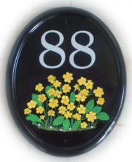 Primrose spray - The customer requested a lots of yellow primrose blooms with the house number. Painted by Gerry on a large classic oval base plaque in vertical format. Font is called Century Schoolbook.