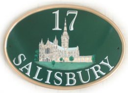 Salisbury cathedral - painted by Gerry on a GREEN New World classic oval with a gold rim. This plaque was ordered by a customer in Bermuda, artwork found on Google.com picture search