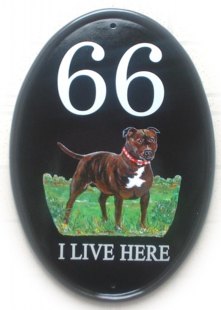 Staffordshire Bull Terrier - Painted on a New World classic oval sign in vertical format. Artwork was from a picture of a dog in a kennel club book. Font is called Century Schoolbook