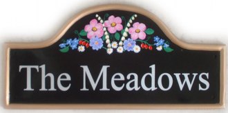 Woodland flowers spray - painted on a large mews house plaque with a gold rim. Painted by Gerry. Font is Times Roman