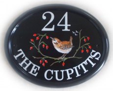 Wren and berries - painted by Jean on a large classic oval base plaque from her own design. Font is Century Schoolbook