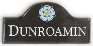 Yorkshire rose sign - painted on a Large mews plaque. Font is called Goudy Handtooled. Artist - Gerry