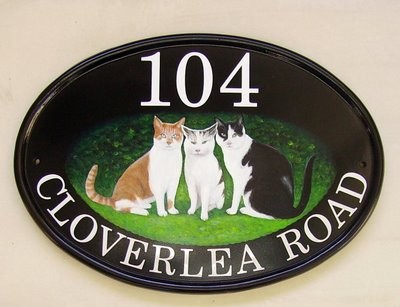house sign with black & white cat