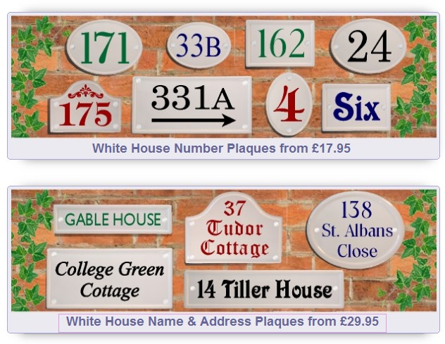 White Ceramic Style House Signs with coloured lettering